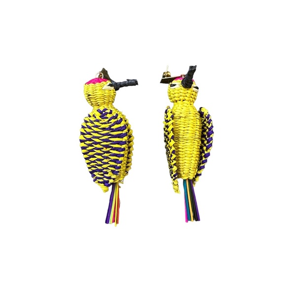 Large Texture Boho Statement Colombian Iraca earrings - Bird - Picture 2 of 6